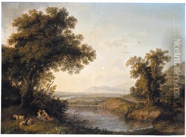 An Italianate Landscape With Shepherdesses Resting Beside A Pond, A Bay In The Distance Beyond Oil Painting - Jacob Philipp Hackert