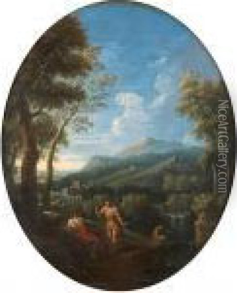 Antique Figures In A Classicallandscape Oil Painting - Gaspard Dughet Poussin