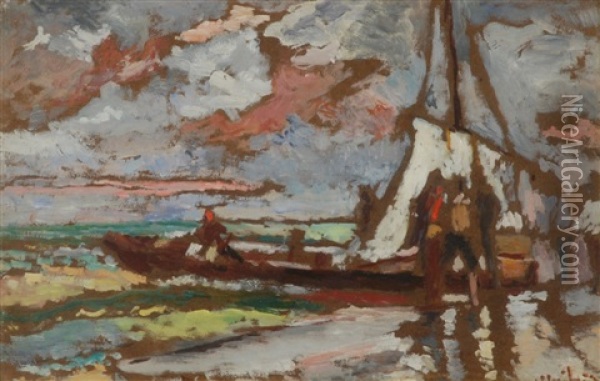 Marina Con Barche In Primo Piano Oil Painting - Ulvi Liegi (Luigi Levi)
