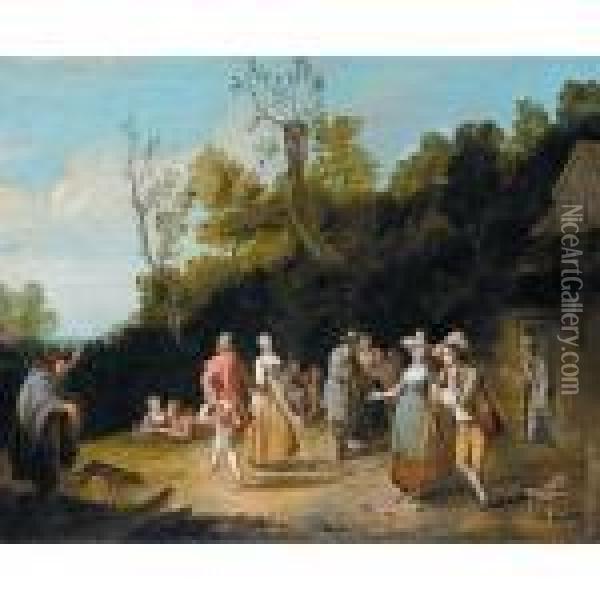 Village Scene With A Company Of Figures Dancing And Merrymkaing Outside A Tavern Oil Painting - Pieter Angillis