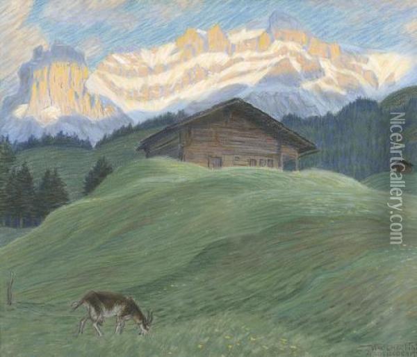 Gebirgspartie Mit Chalet Und Ziege Vor Dem Gross Lohner Oil Painting - Waldemar Fink