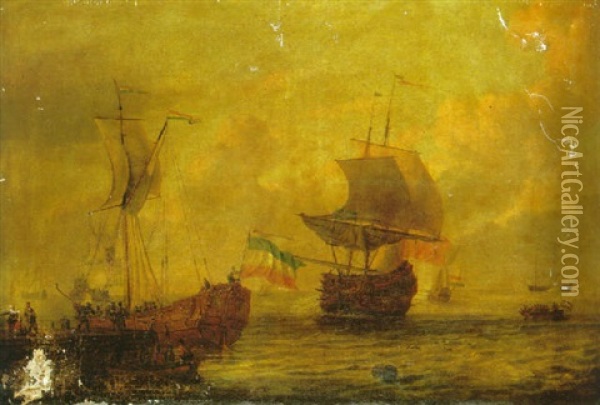 A Dutch States Yacht Moored To A Quay With Sailors In A Towing Boat In The Foreground, A British Man O'war And Other Vessels At Sea Oil Painting - Adam Silo