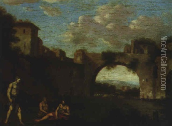 Classical Figures By A Ruined Viaduct Oil Painting - Cornelis Van Poelenburgh