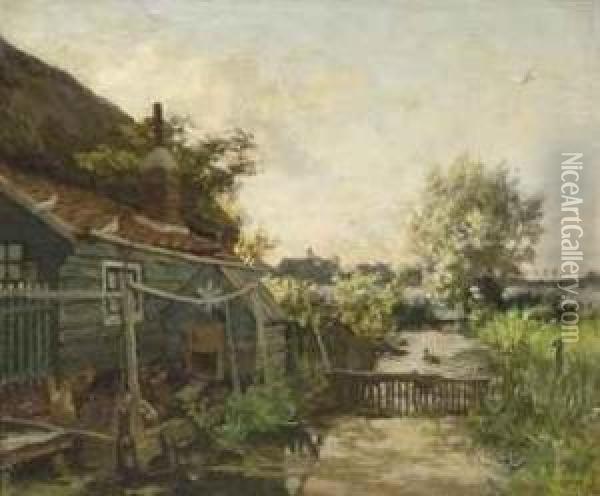 Boerderij Aan De Vaart: A Farm Along A River Oil Painting - Willem Bastiaan Tholen