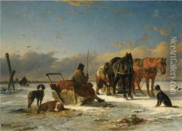 Preparing For The Horse Drawn Sleigh Ride Oil Painting - Joseph Jodocus Moerenhout