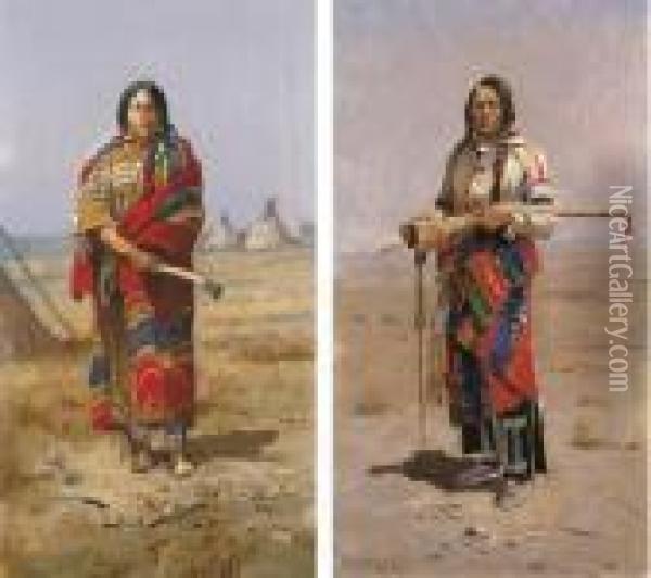 Indian Buck; Indian Squaw: Two Works Oil Painting - Charles Marion Russell