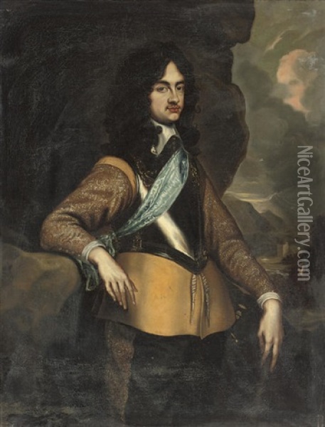 Portrait Of King Charles Ii In A Buff Embroidered Coat And Breastplate Oil Painting - Adriaen Hanneman