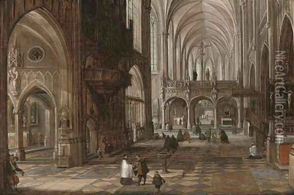 The interior of a gothic cathedral with figures Oil Painting - Hendrick Van Steenwijck II
