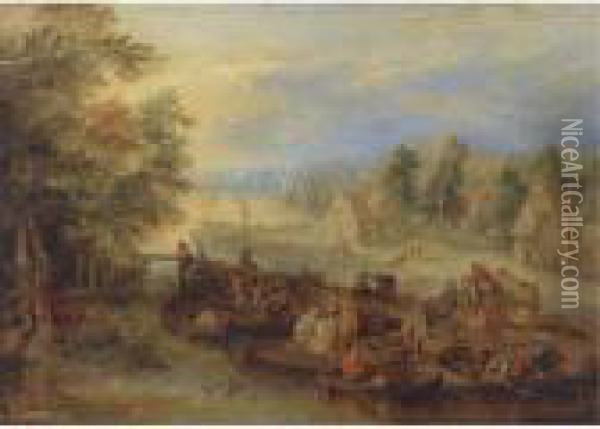 Fishermen Unloading Their Catch On A Riverbank Near A Village Oil Painting - Theobald Michau