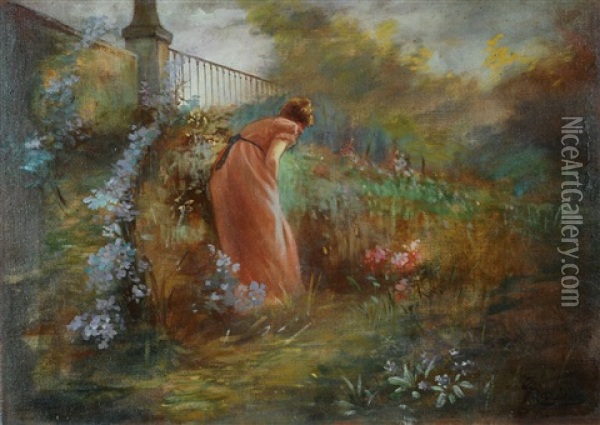 Donna In Giardino Oil Painting - Giuseppe Barison