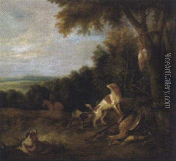 Hunde Mit Jagdbeute In Einer Bewaldeten Landschaft Oil Painting - Adriaen de Gryef