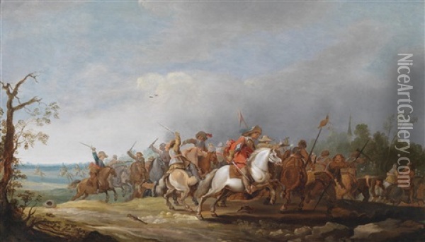 Ein Reitergefecht Zur Zeit Des Dreisigjahrigen Krieges, Das Gemalde Ist Auf Dem Grauen Oil Painting - Pieter Meulener