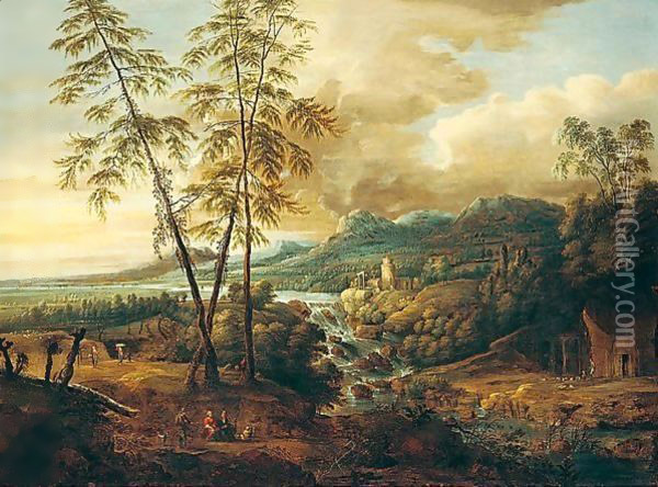 A River Landscape With A Waterfall, Figures Conversing In The Foreground Oil Painting - Lucas Van Uden