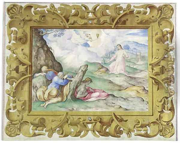 The Agony In The Garden, In A Decorative Frame Oil Painting - Giovanni B. (Il Genvovese) Castello