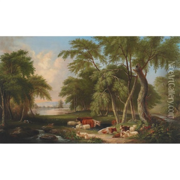 Pastoral Landscape With Cattle And Sheep Oil Painting - Joseph Dynes