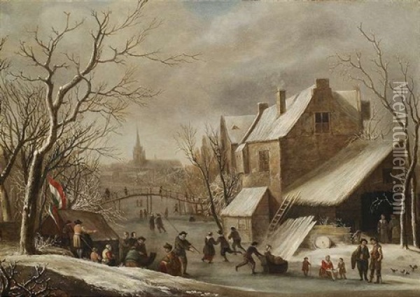 Eisvergnugen Auf Einem Zugefrorenen Kanal Vor Stadtkulisse Oil Painting - Nicolaes Molenaer