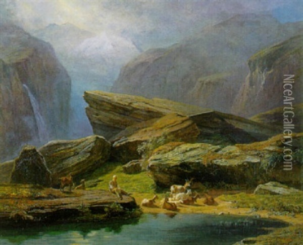 Hirte Mit Ziegen Am Bergsee Oil Painting - Abraham Sigmund A. von Bonstetten