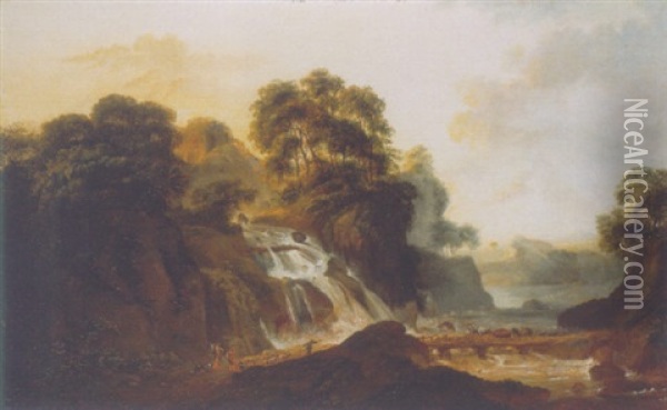 Shepherds And Travellers On A Bridge By A Waterfall In An Italianate Landscape, At Sunset Oil Painting - Jacob Philipp Hackert