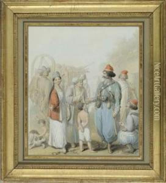 Soldats Ottomans Et Diseuses De Bonnes Aventures Russes. Oil Painting - George Emmanuel Opitz