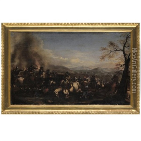 Scena Di Battaglia In Un Paesaggio Montuoso (+ Another; Pair) Oil Painting - Jacques Courtois