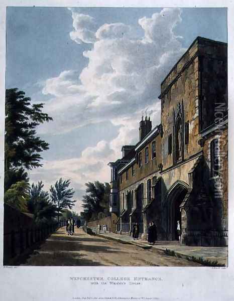 Winchester College Entrance with the Wardens House, from History of Winchester College, part of History of the Colleges, engraved by Daniel Havell (1785-1826) pub. by R. Ackermann, 1816 Oil Painting - William Westall