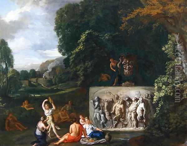 A Classical landscape with maidens dancing by a sarcophagus depicting the Triumph of Silenus Oil Painting - Pieter Rysbrack