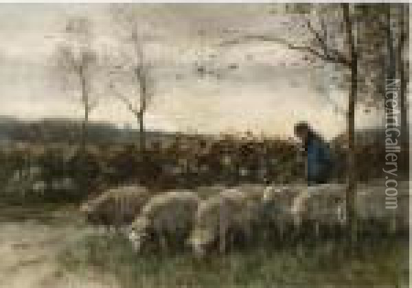A Shepherd With His Flock Oil Painting - Willem Steelink