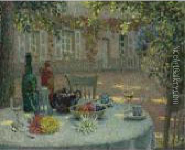La Table Aux Dahlias Oil Painting - Henri Eugene Augustin Le Sidaner