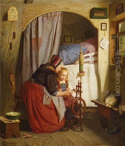 Grosmutter Mit Ihrer Enkelin Am Spinnrad Oil Painting - Heinrich Leinweber