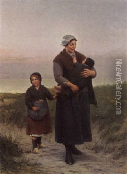 A Mother And Child Returning Home Oil Painting - Henri Bource