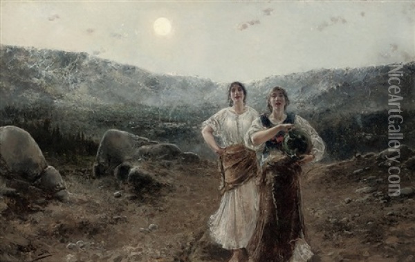 A Song Under The Moon Oil Painting - Augustin Salinas y Teruel