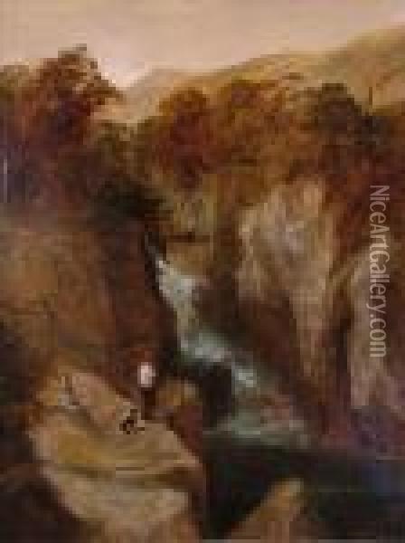 A Figure Anda Dog In A Rocky Gorge Oil Painting - William James Muller