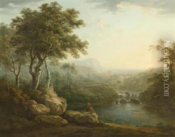 River Landscape With Travellers. Oil Painting - Abraham Pether