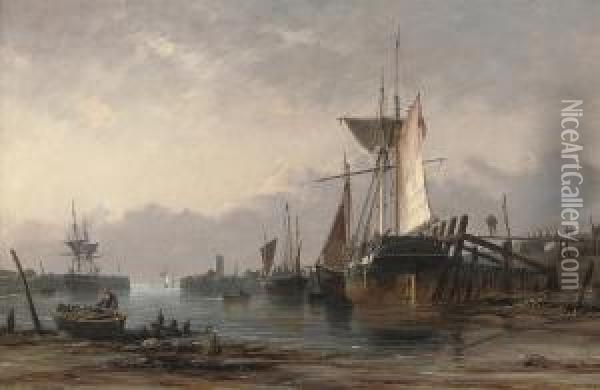 Low Water: Newhaven Harbour, Sussex Oil Painting - Richard Henry Nibbs