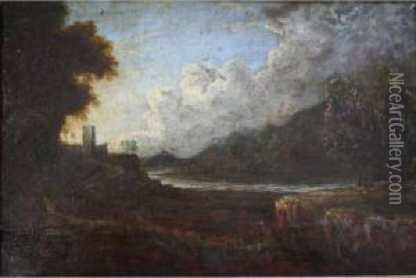 River Landscape With A Tower Oil Painting - Richard Wilson