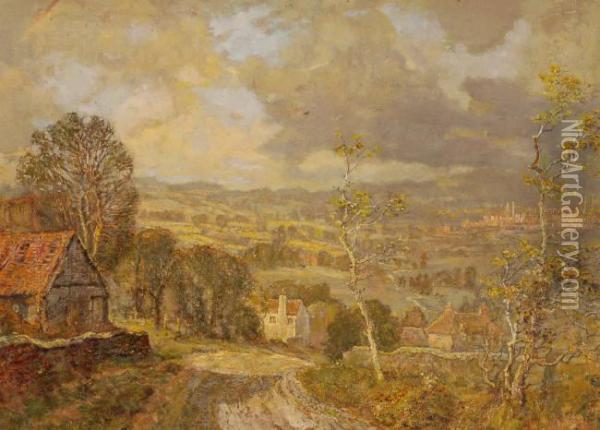 Landscape View Towards An Industrial Town Oil Painting - Peter Cross