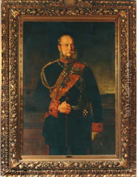 A Portrait Of Emperor Wilhelm I,
 Depicted Standing Full-length Wearing A Ceremonial Uniform. Oil Painting - Baron Heinrich von Angeli