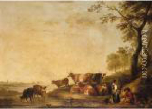 Peasants And Cattle In A River Landscape Oil Painting - Aelbert Cuyp