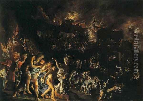 The Burning of Troy Oil Painting - Adam Elsheimer