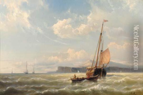 Shipping Off The Coast In Breezy Weather Oil Painting - Hermanus Jr. Koekkoek