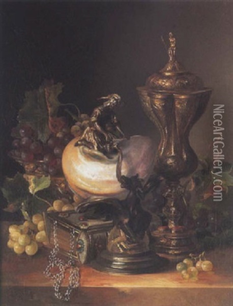 Still Life With A Nautilus And Grapes On A Marble Ledge Oil Painting - Adalbert Schaeffer
