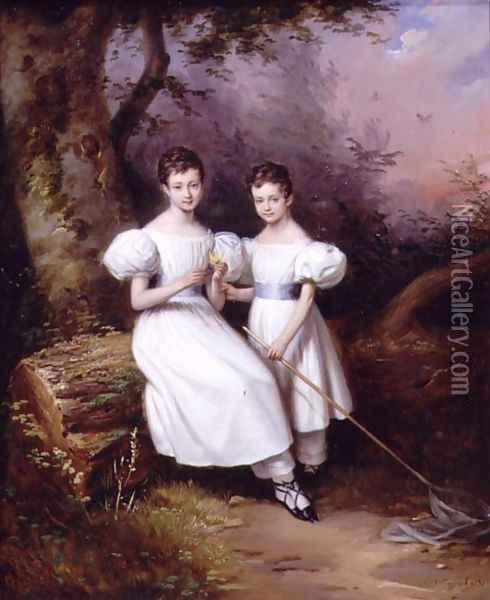 Portrait of Two Children, 1831 Oil Painting - Edouard Pingret