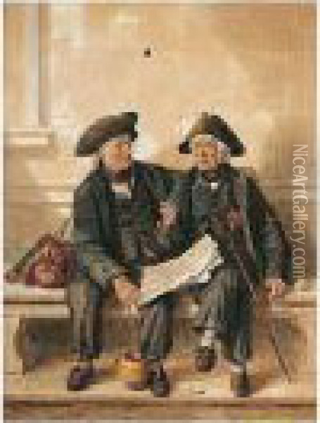Greenwich Pensioners Discussing The Merits Of The Crimean War Oil Painting - Octavius Oakley