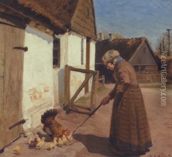 En Hone Med Sine Kyllinger Oil Painting - Hans Andersen Brendekilde