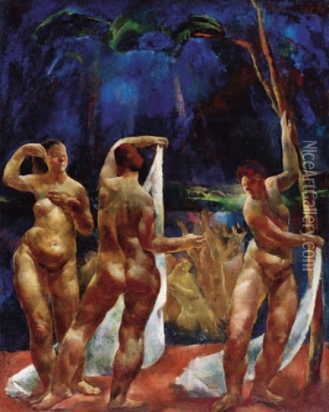 Bathers - Female Nudes Oil Painting - Vilmos Aba-Novak