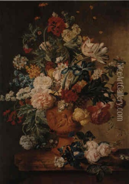 A Still Life Of Summer Flowers Oil Painting - Jan Van Huysum