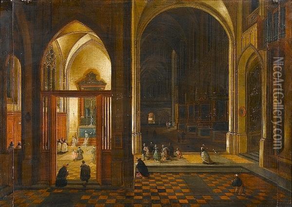The Interior Of Antwerp Cathedral At Night Oil Painting - Pieter Ii Neefs