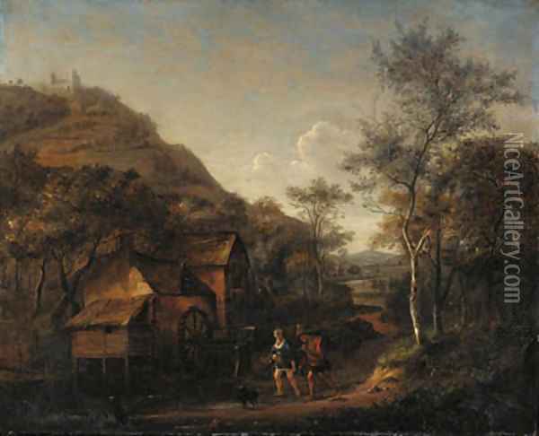 A wooded landscape with peasants on a path by a watermill, a hill beyond Oil Painting - Jan Steen