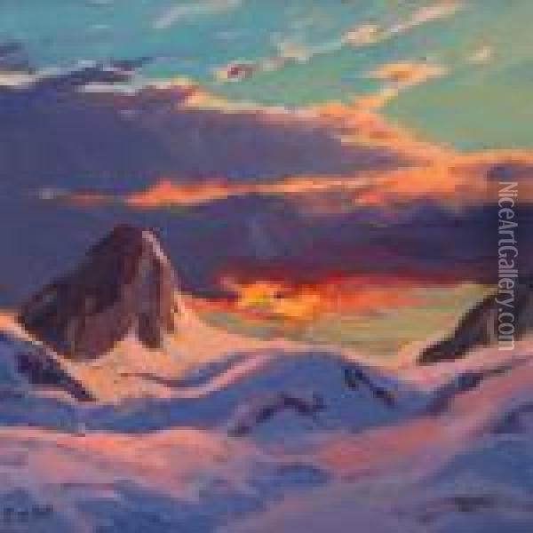 Midnight Sun, Greenland. Oil Painting - Emanuel A. Petersen