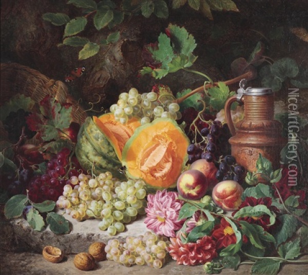 Reiches Fruchtestillleben Mit Dekorativem Tonkrug Oil Painting - Josef Lauer
